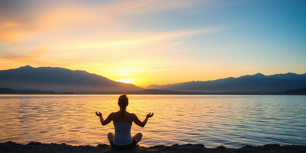 Person meditating by a tranquil lake at sunrise.