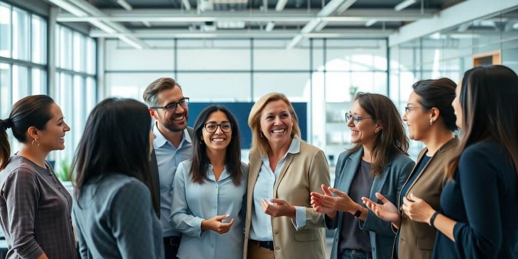 Group of diverse professionals collaborating in an office setting.
