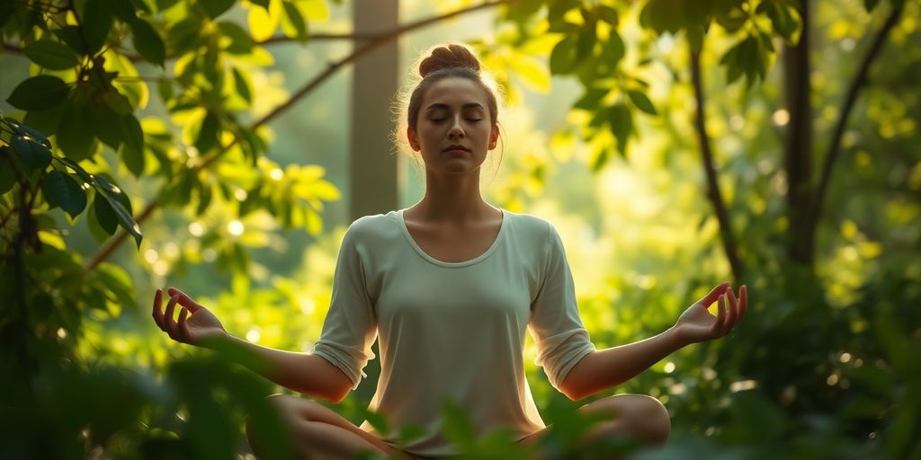 A person meditating in a peaceful natural environment.