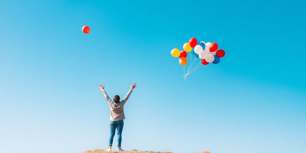 Person releasing balloons against a clear blue sky.