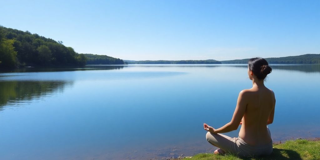 Person meditating by a tranquil lake in nature.
