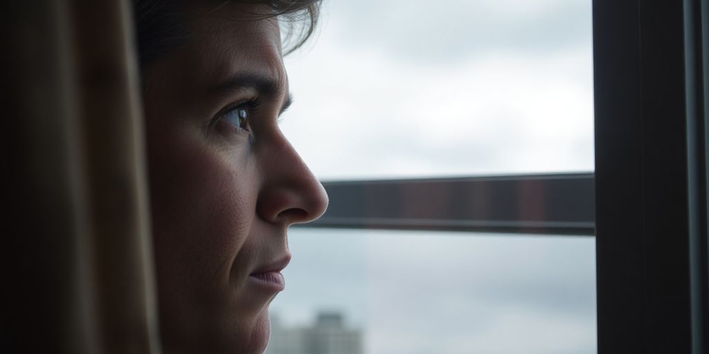 Person contemplating by a window under a cloudy sky.