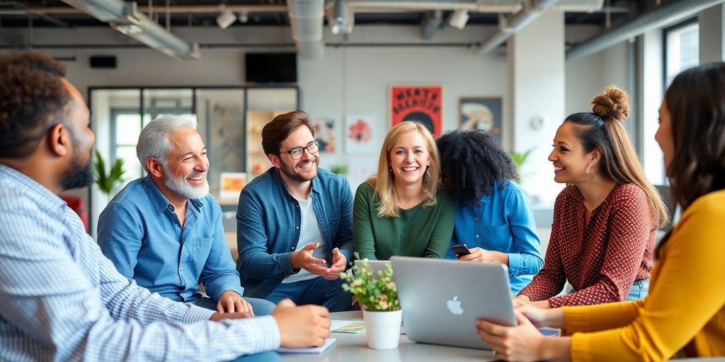 Diverse team collaborating in a modern office setting.