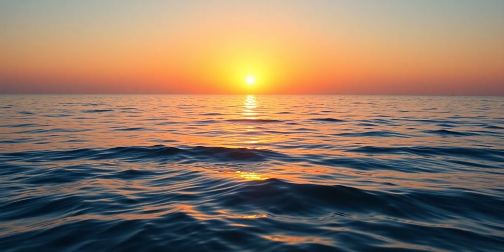 Bright sunrise over calm waters, promoting positive mindset.