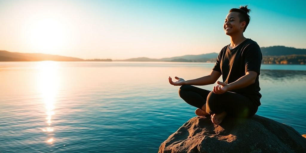 Person meditating by a peaceful lake at sunrise.