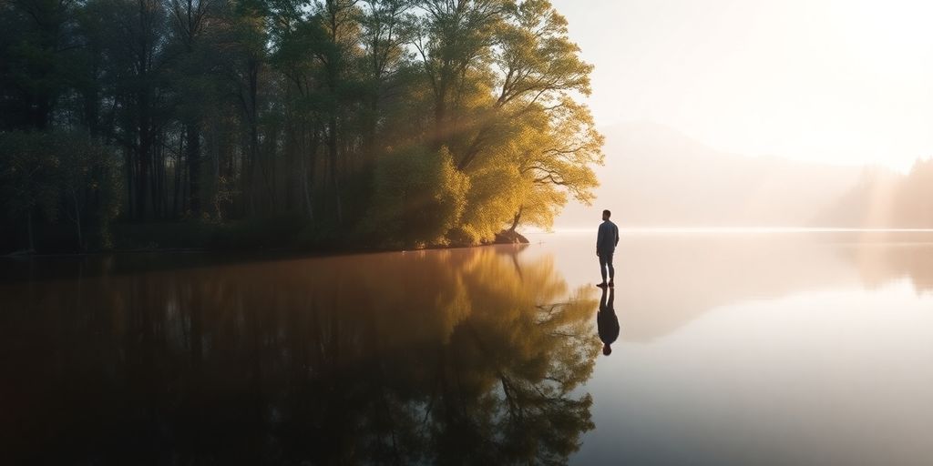 Person reflecting by a calm lake in nature.