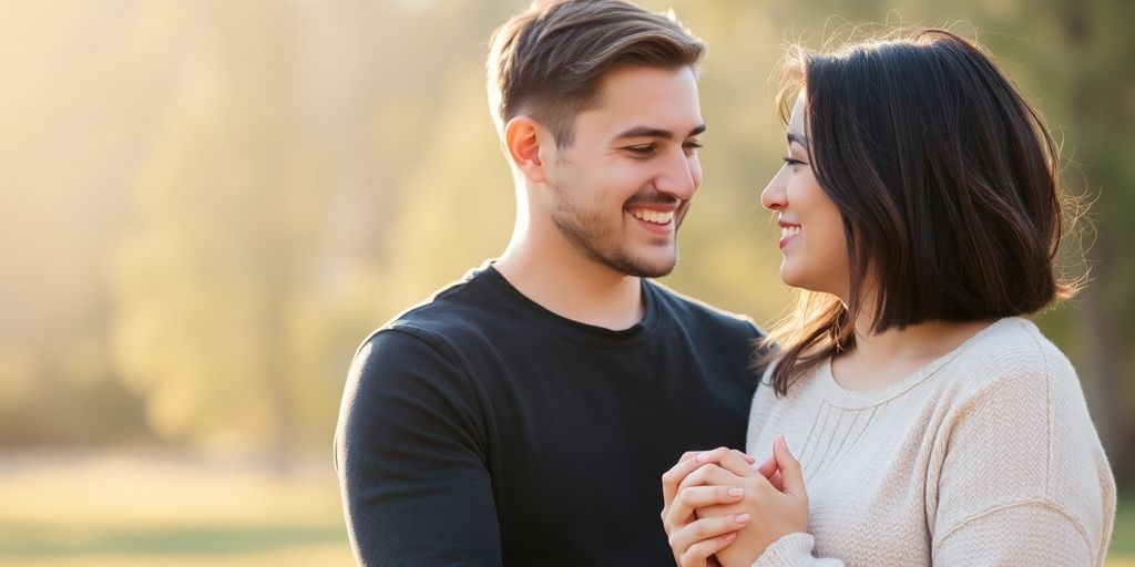 Couple holding hands, smiling, in a serene setting.