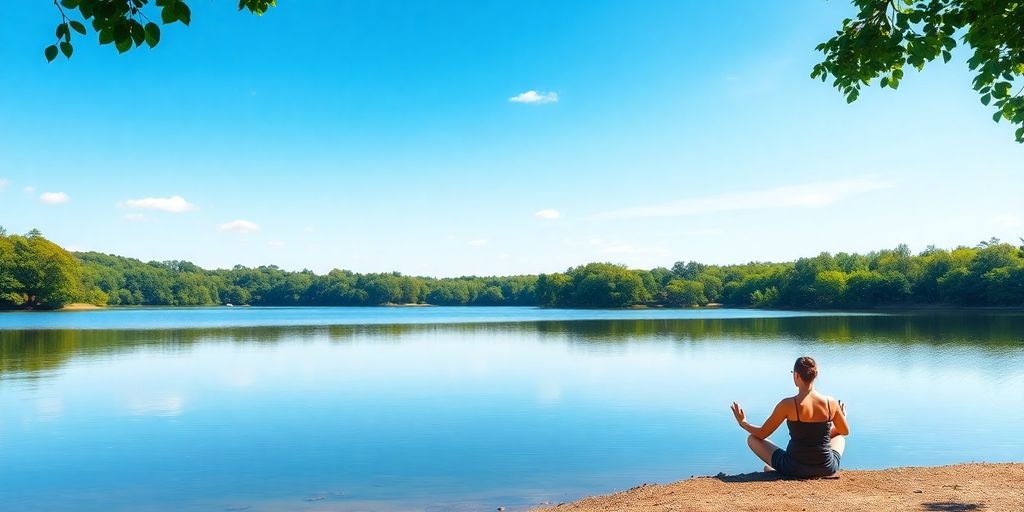 Person meditating by a calm lake in nature.