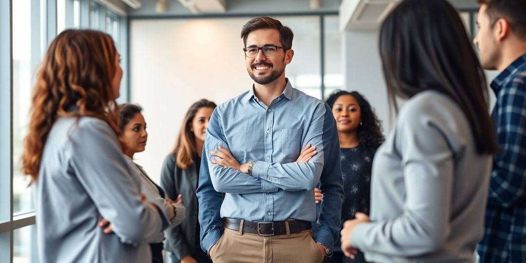 Confident leader engaging with a diverse team in discussion.