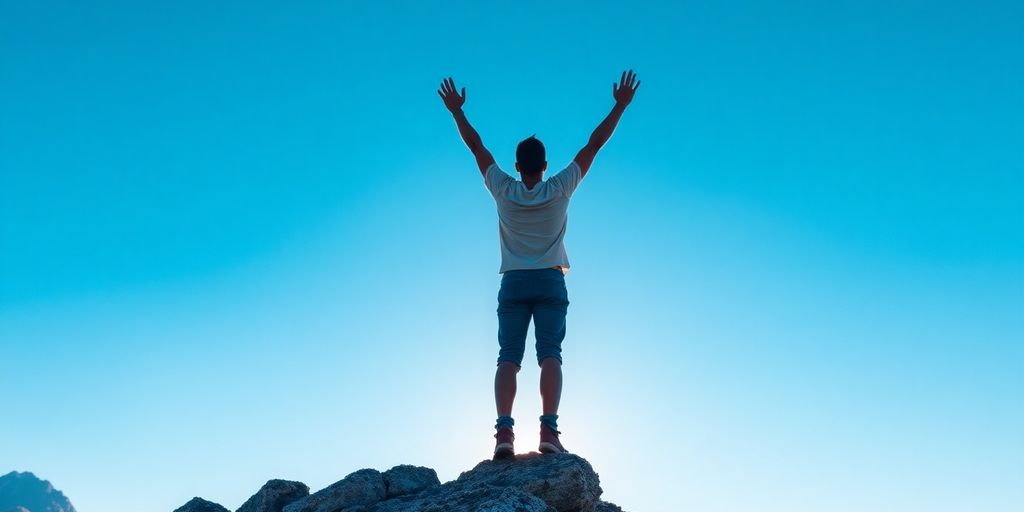 Person triumphantly on mountain peak, overcoming fear and challenges.
