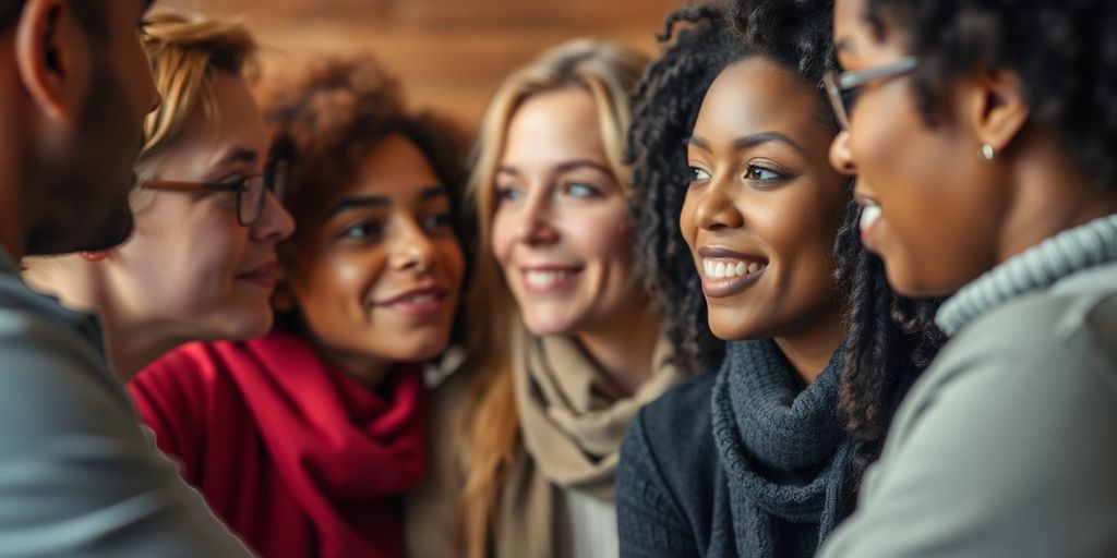 Diverse people engaged in thoughtful conversation, showing connection.
