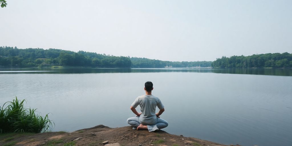 Person meditating by a tranquil lake in nature.