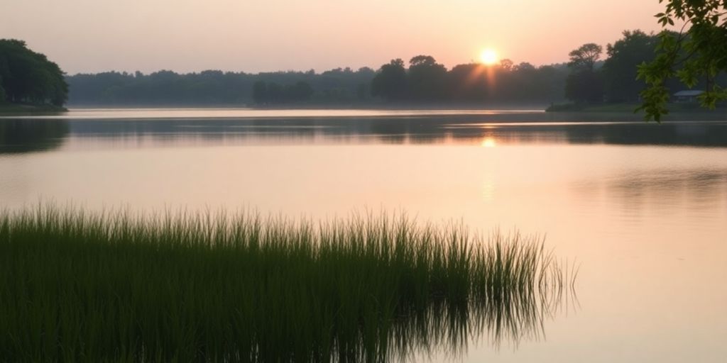 Calm lake at sunrise surrounded by lush greenery.