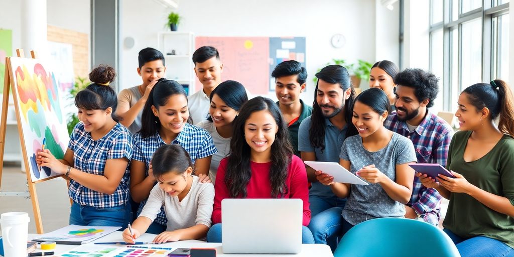 Diverse individuals engaged in skill-building activities for growth.