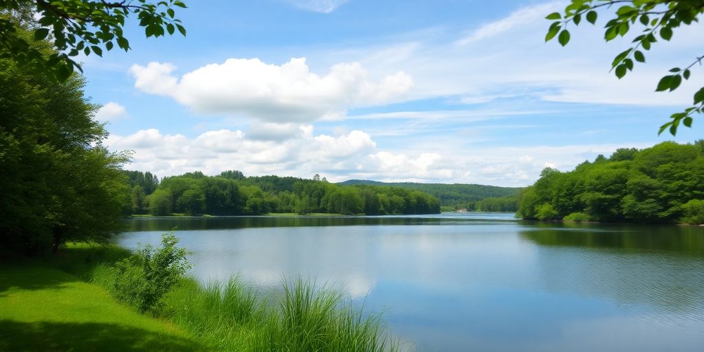 Tranquil lake scene with greenery and clear blue sky.
