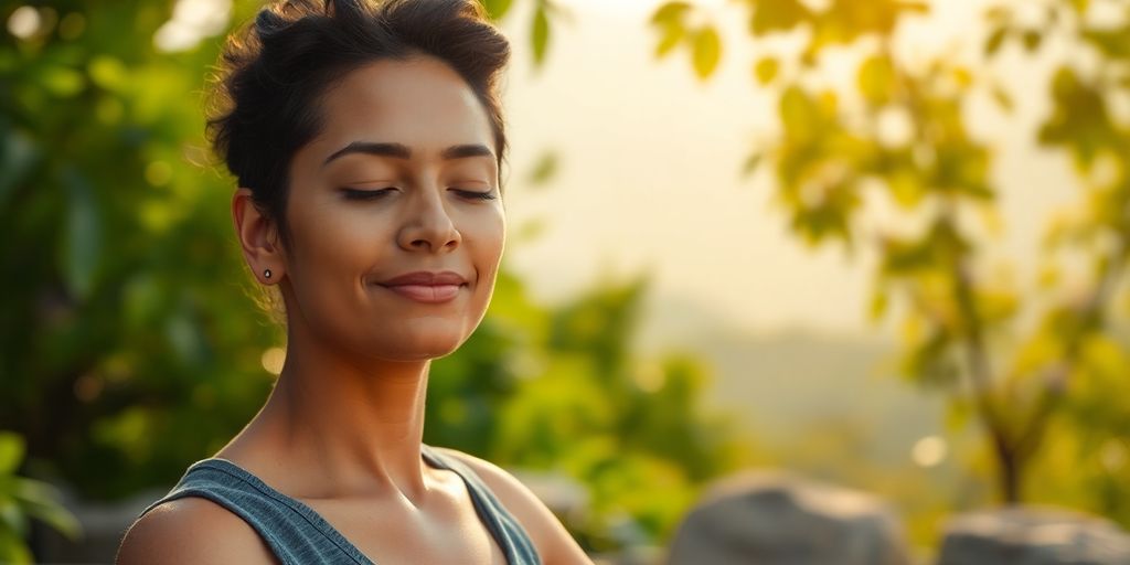 A serene person meditating in a peaceful, natural setting.