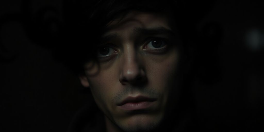 Person with worried expression, dark, swirling thoughts.