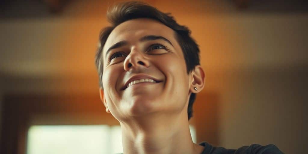 Person smiling, light around head.