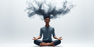 Person meditating peacefully amidst swirling dark thoughts.