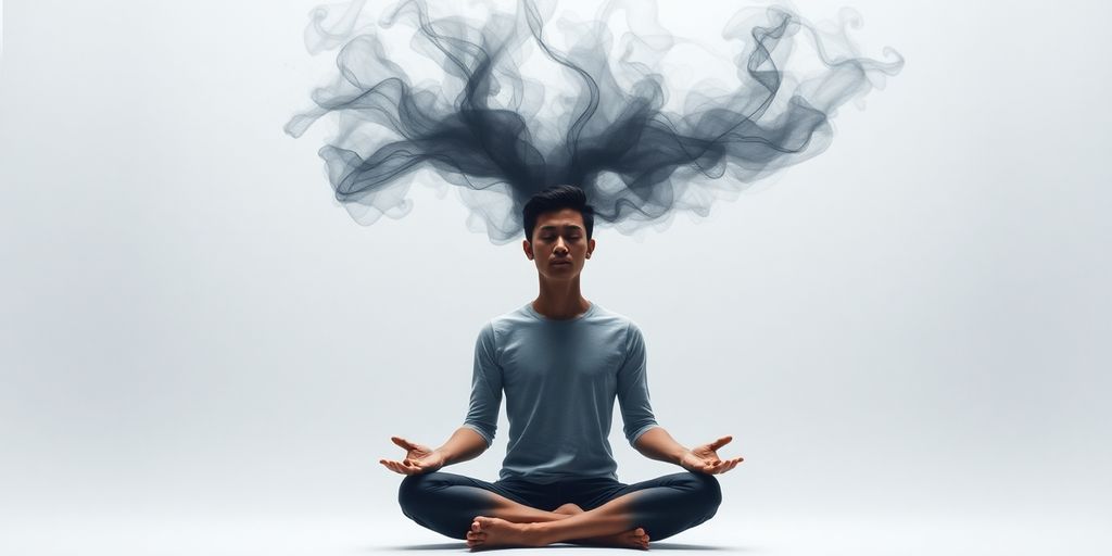 Person meditating peacefully amidst swirling dark thoughts.
