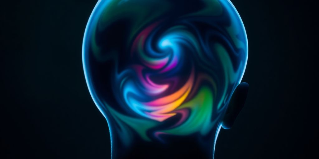 Person's head with swirling dark and light colors inside.